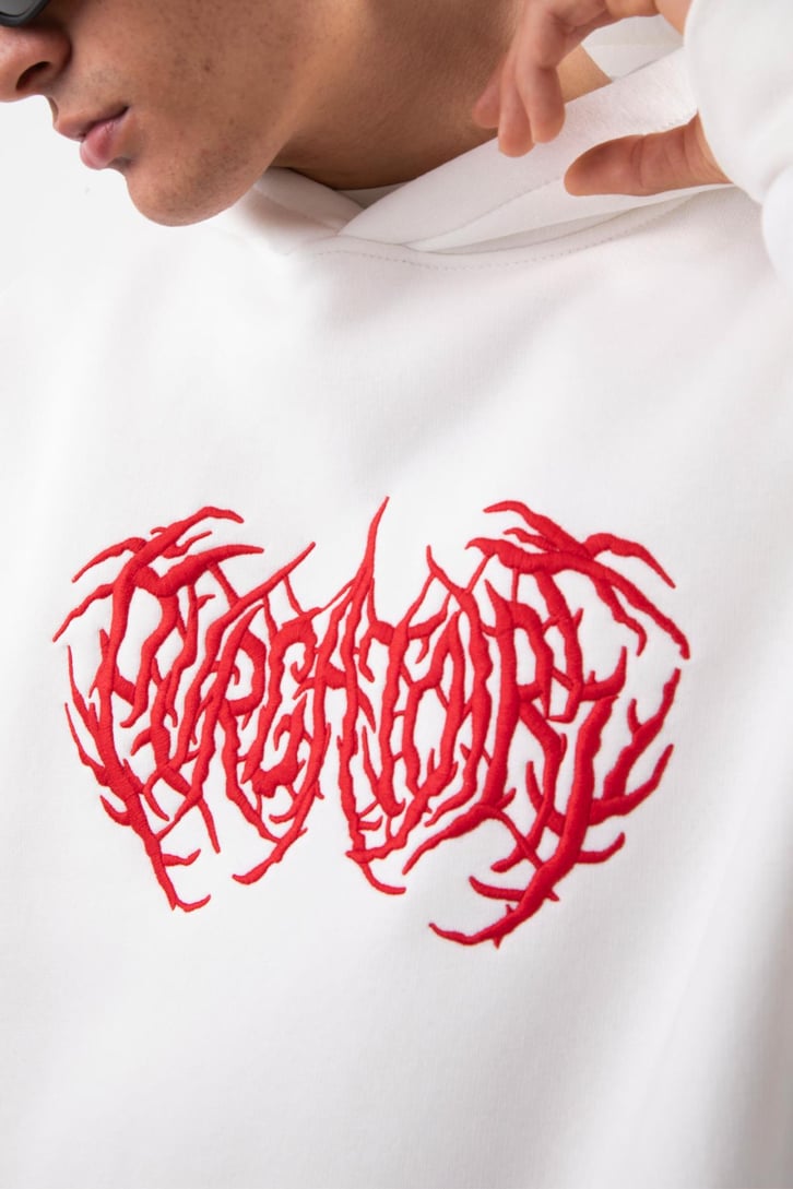 Gotik Nakışlı Beyaz Oversize Hoodie