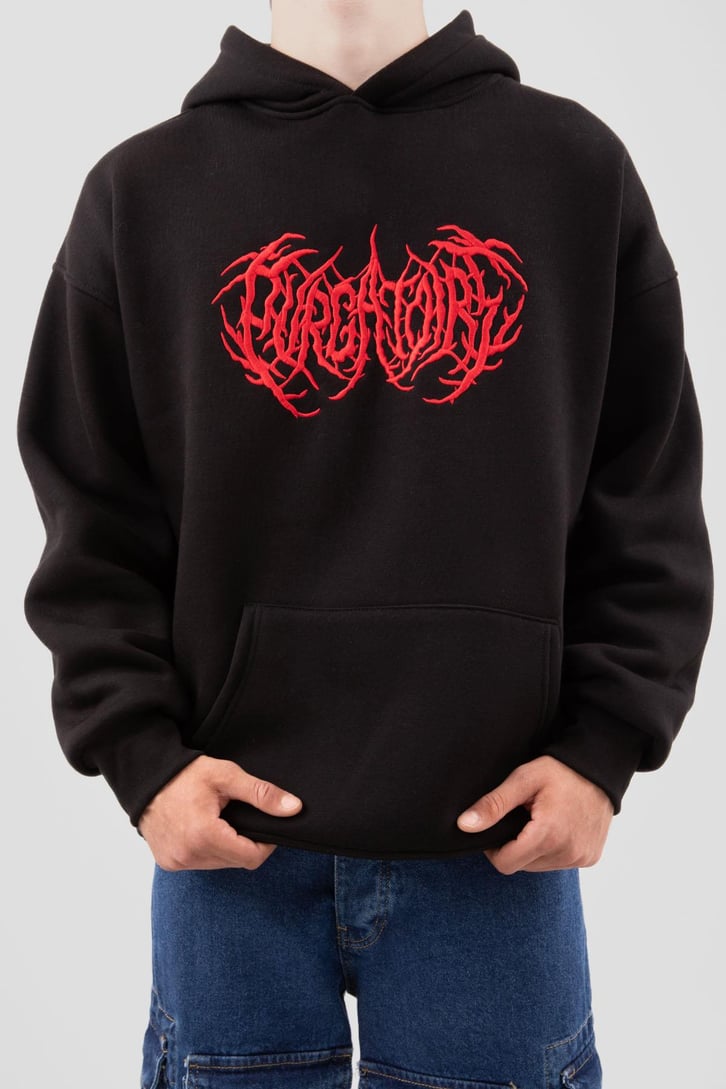 Gotik Nakışlı Siyah Oversize Hoodie