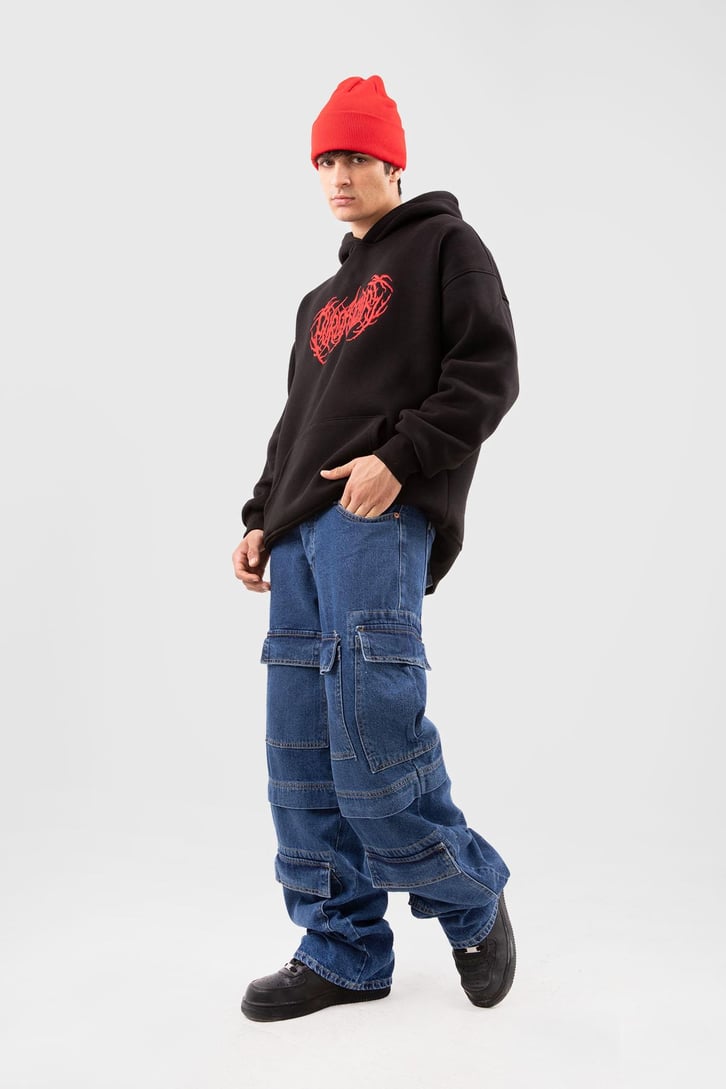 Gotik Nakışlı Siyah Oversize Hoodie