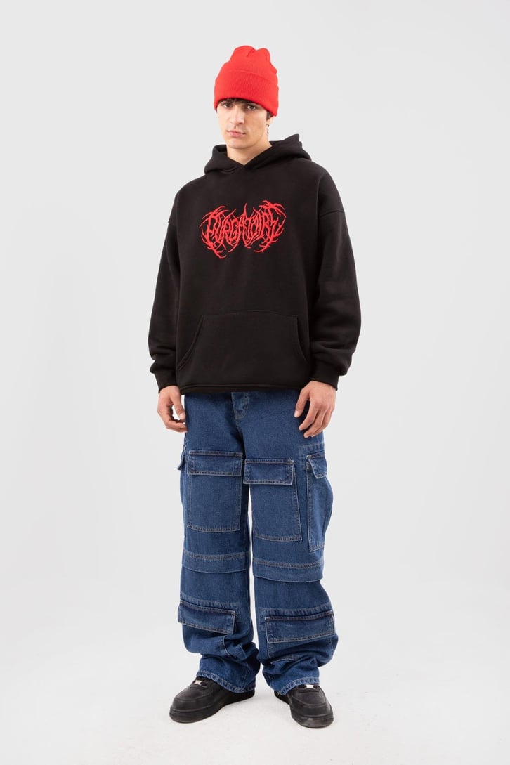 Gotik Nakışlı Siyah Oversize Hoodie