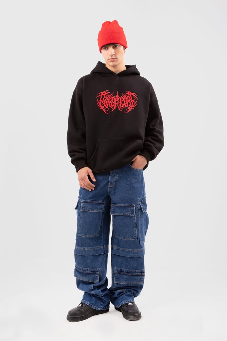 Gotik Nakışlı Siyah Oversize Hoodie