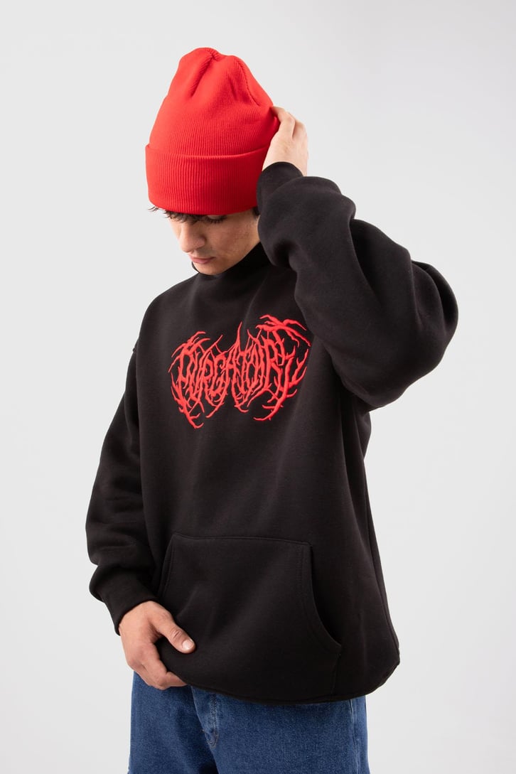 Gotik Nakışlı Siyah Oversize Hoodie