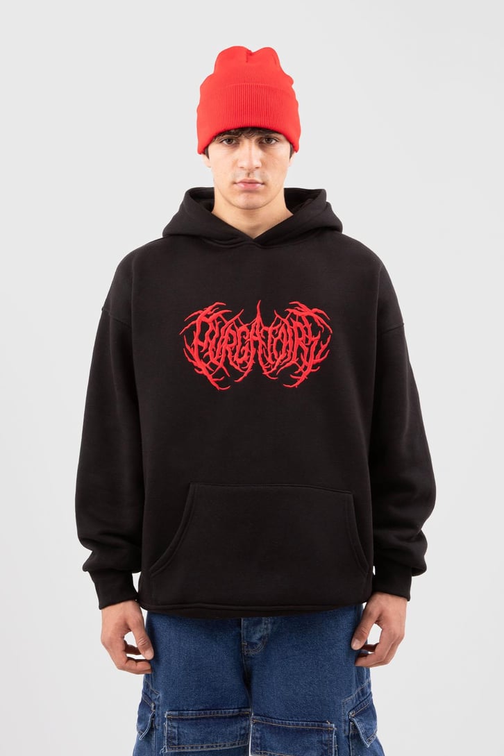 Gotik Nakışlı Siyah Oversize Hoodie