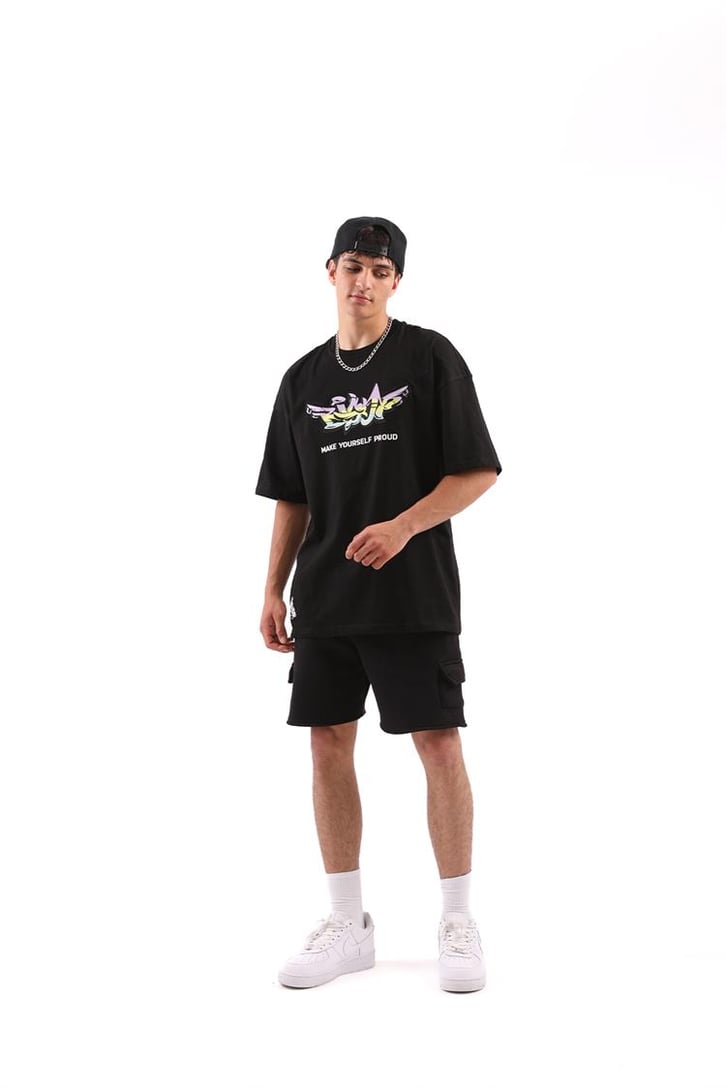 Graffiti Nakışlı Siyah Oversize Tişört