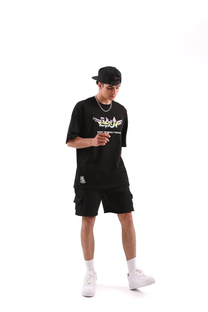 Graffiti Nakışlı Siyah Oversize Tişört