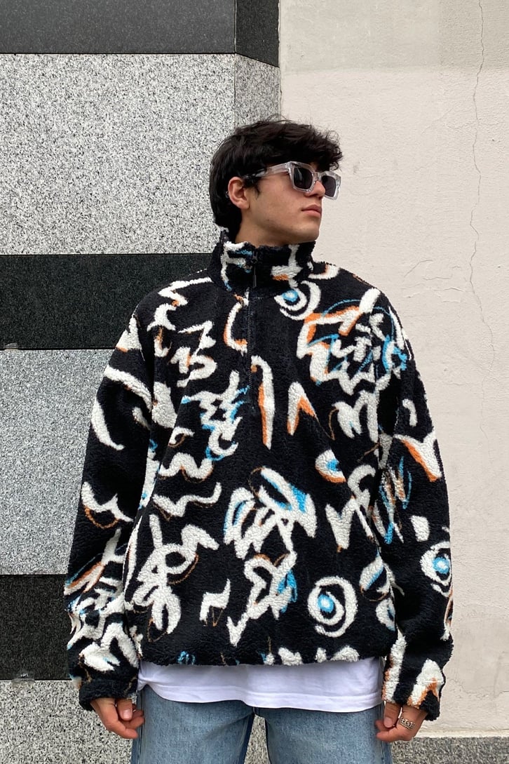 Graffiti Painted Oversize Peluş Sweatshirt