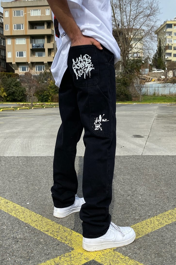 Graffiti Printed Siyah Carpenter Jean