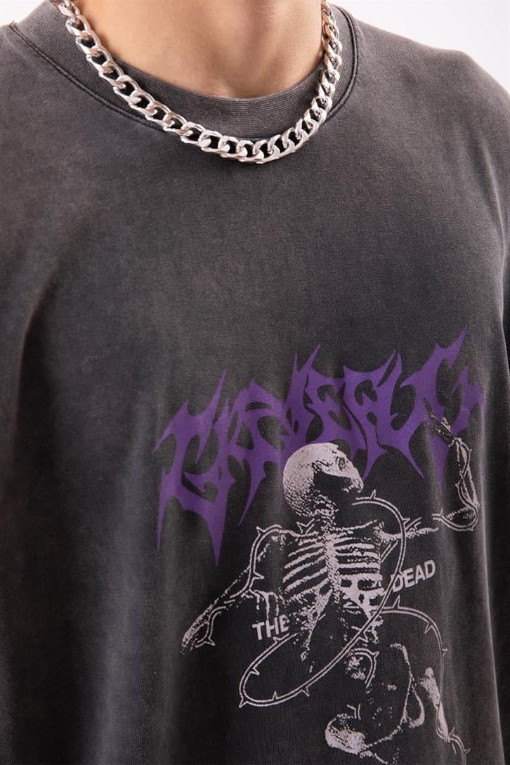 Gretaful Dead Baskılı Acid Wash Oversize Tshirt