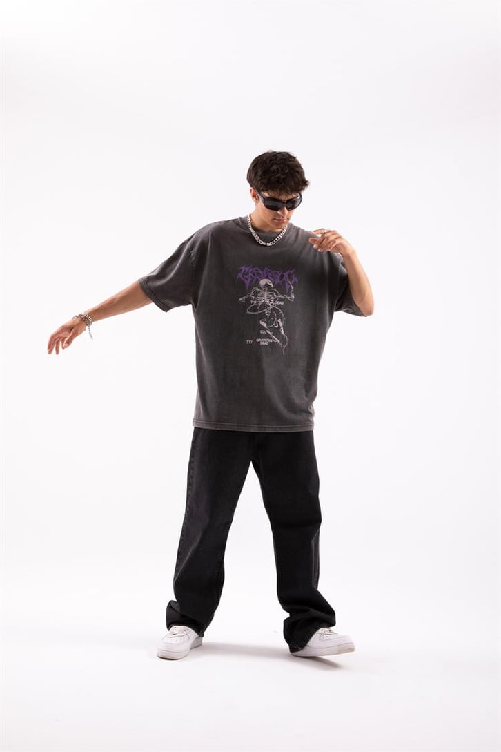 Gretaful Dead Baskılı Acid Wash Oversize Tshirt