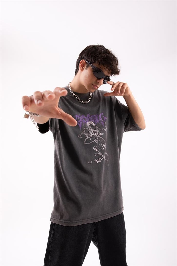 Gretaful Dead Baskılı Acid Wash Oversize Tshirt