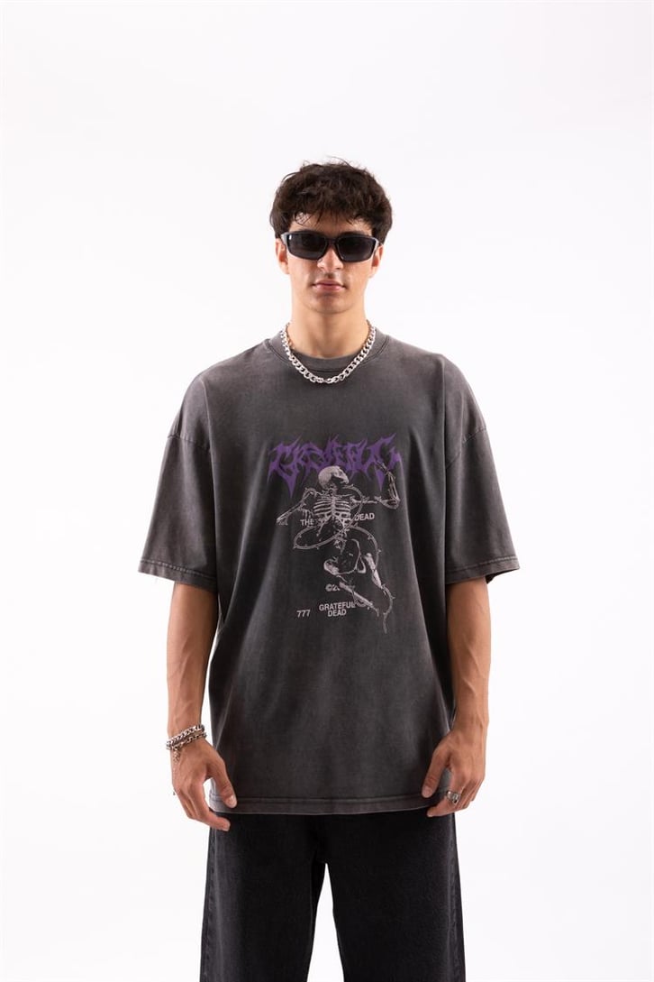 Gretaful Dead Baskılı Acid Wash Oversize Tshirt