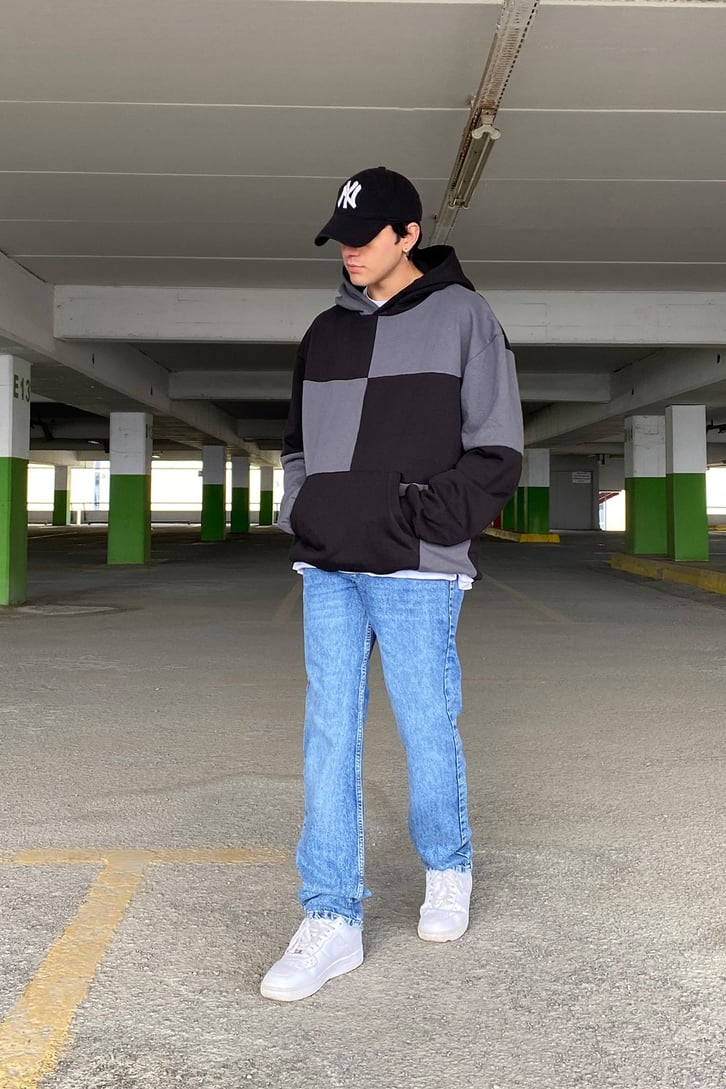 Gri Siyah Color Block Oversize Hoodie