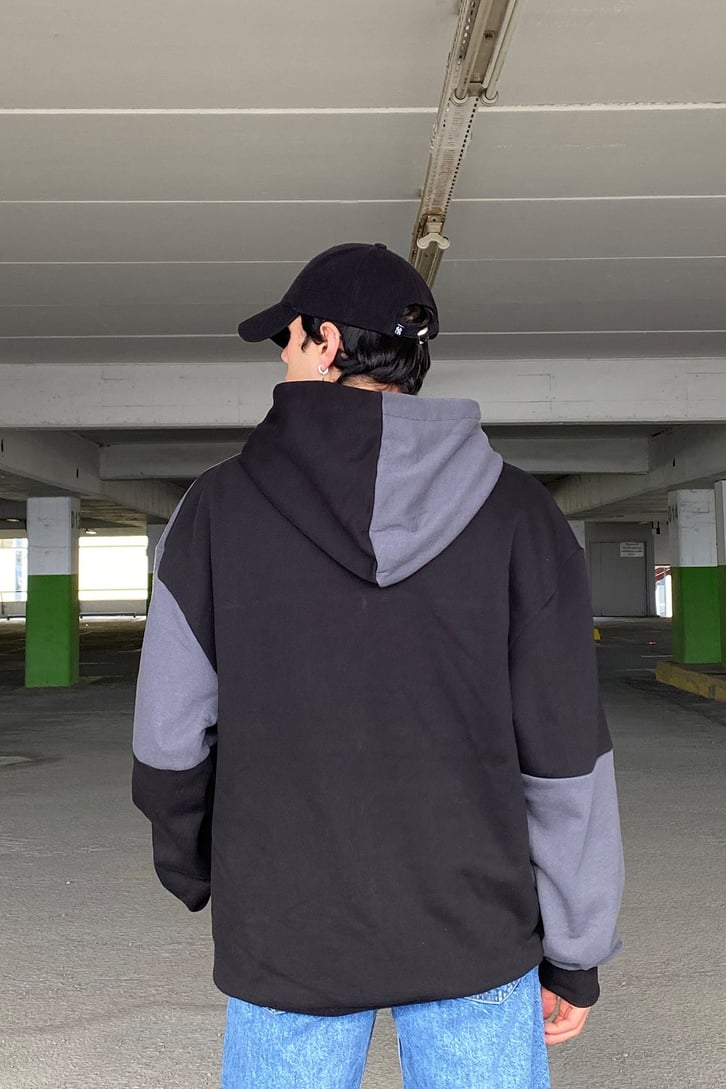Gri Siyah Color Block Oversize Hoodie