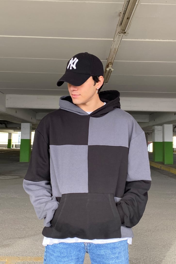 Gri Siyah Color Block Oversize Hoodie