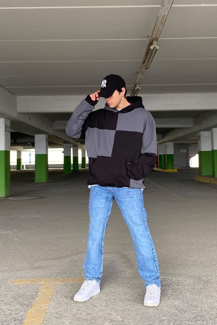Gri Siyah Color Block Oversize Hoodie