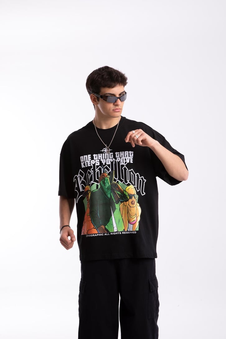 Gta Rebellion Baskılı Siyah Oversize Tshirt