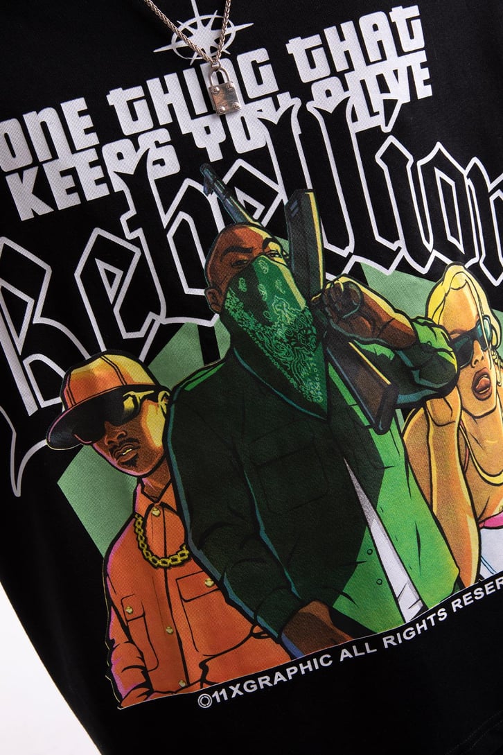 Gta Rebellion Baskılı Siyah Oversize Tshirt