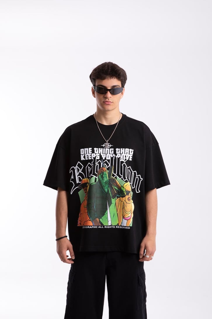 Gta Rebellion Baskılı Siyah Oversize Tshirt