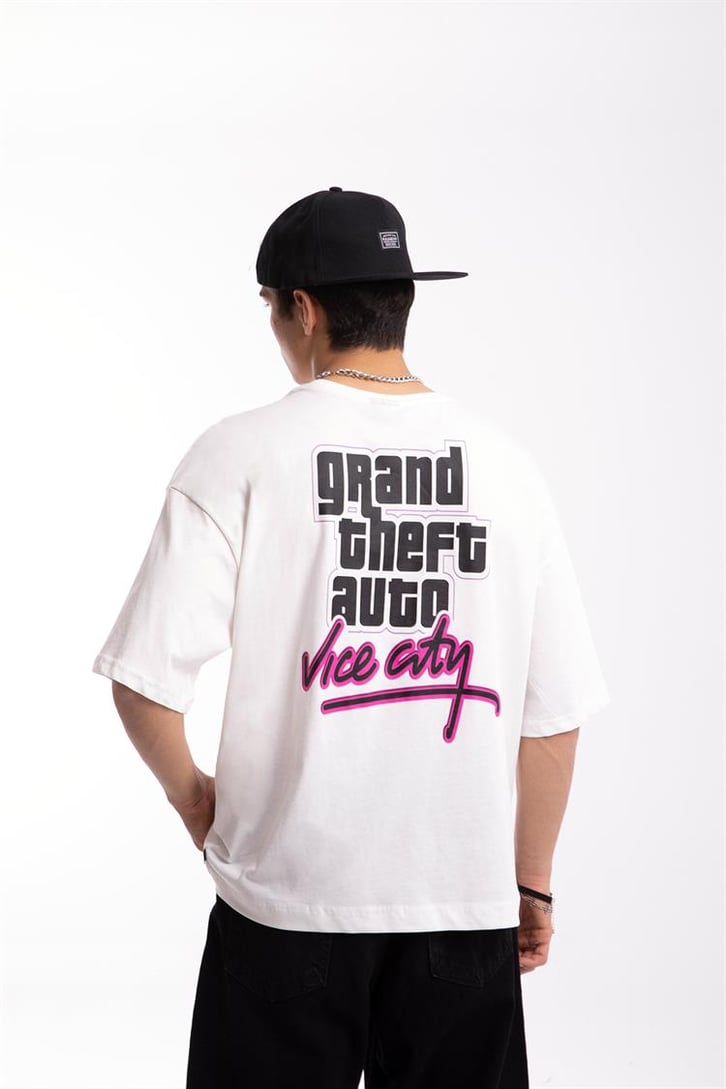 Gta Vicecity Baskılı Ekru Oversize Tişört