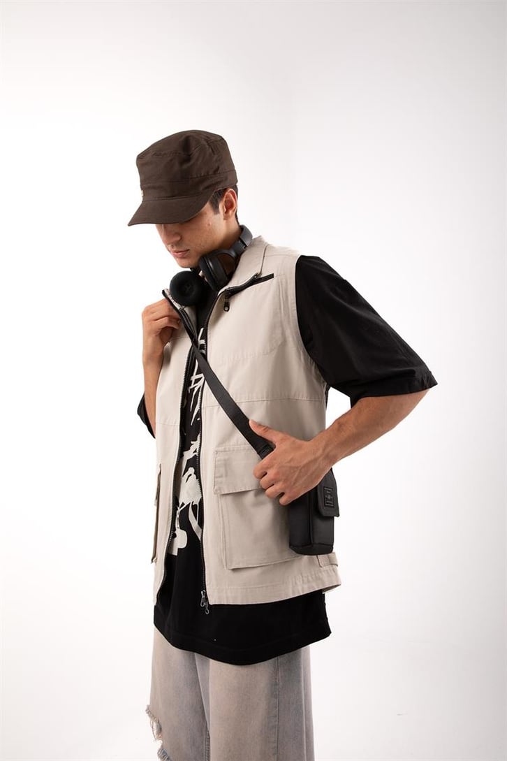 Günlük Street Style Taş Rengi Kargo Cepli Yelek