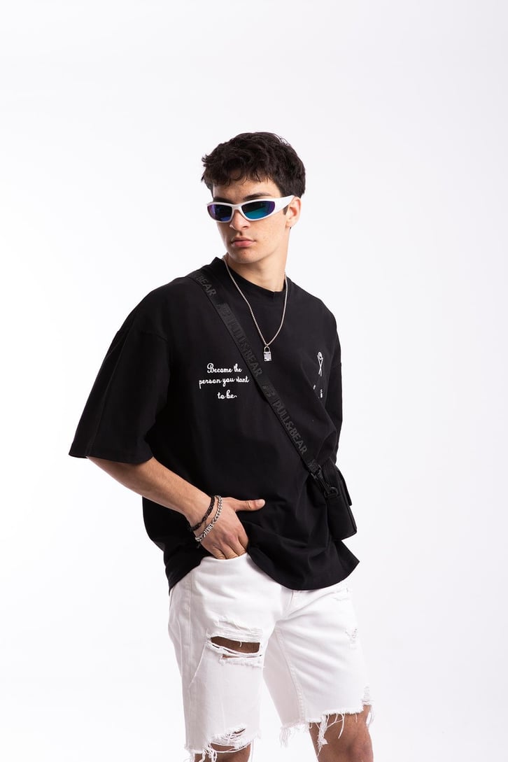 Hac Studio Baskılı Siyah Oversize Tshirt