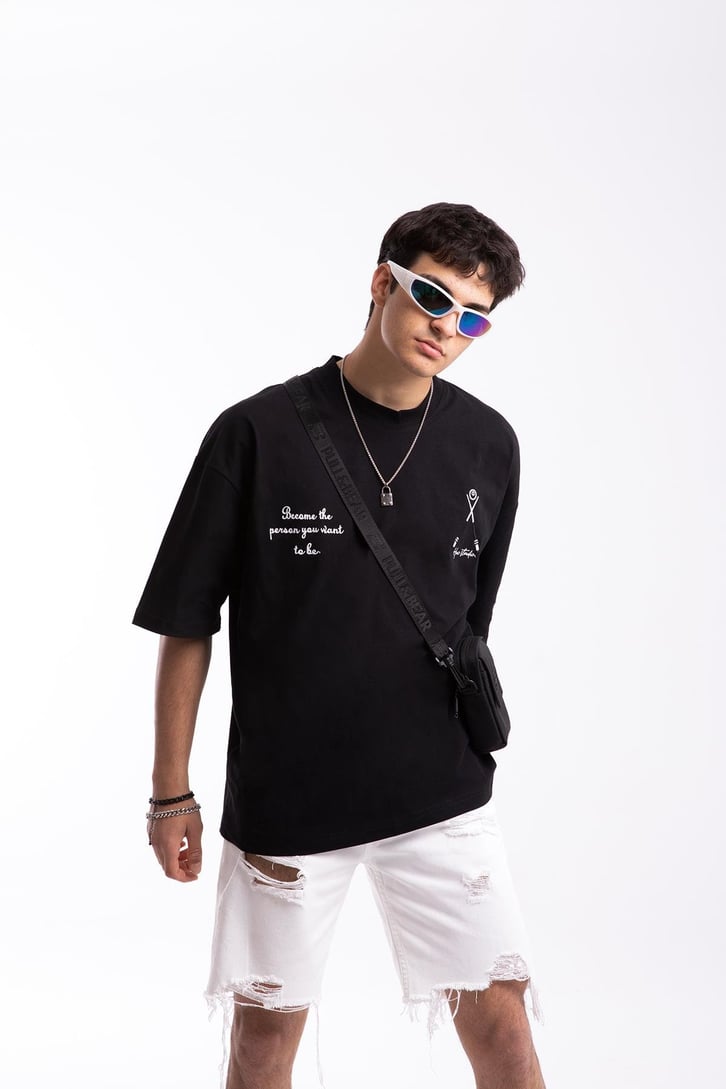 Hac Studio Baskılı Siyah Oversize Tshirt