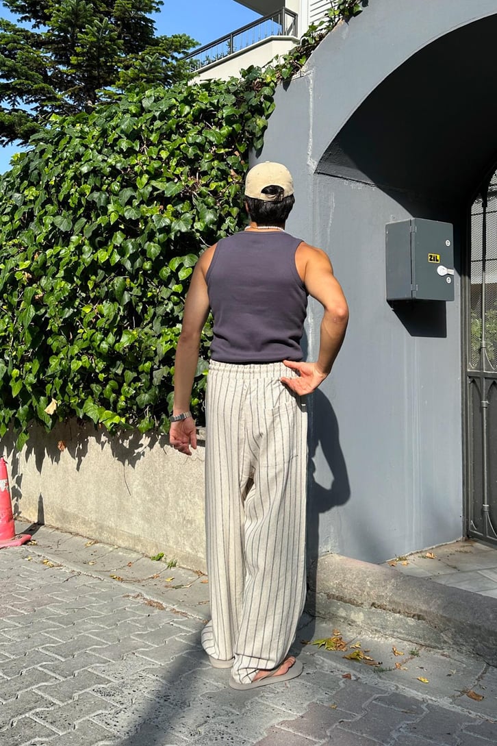 Halat Kemerli Çift Çizgili Keten Pantolon