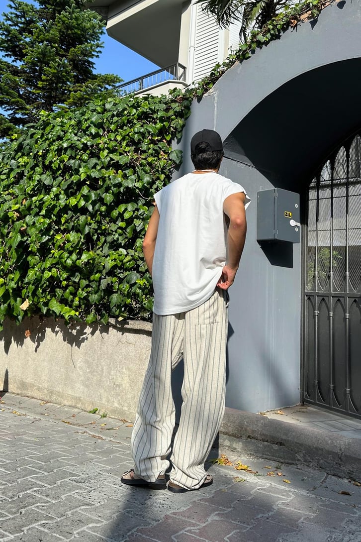 Halat Kemerli Çift Çizgili Keten Pantolon