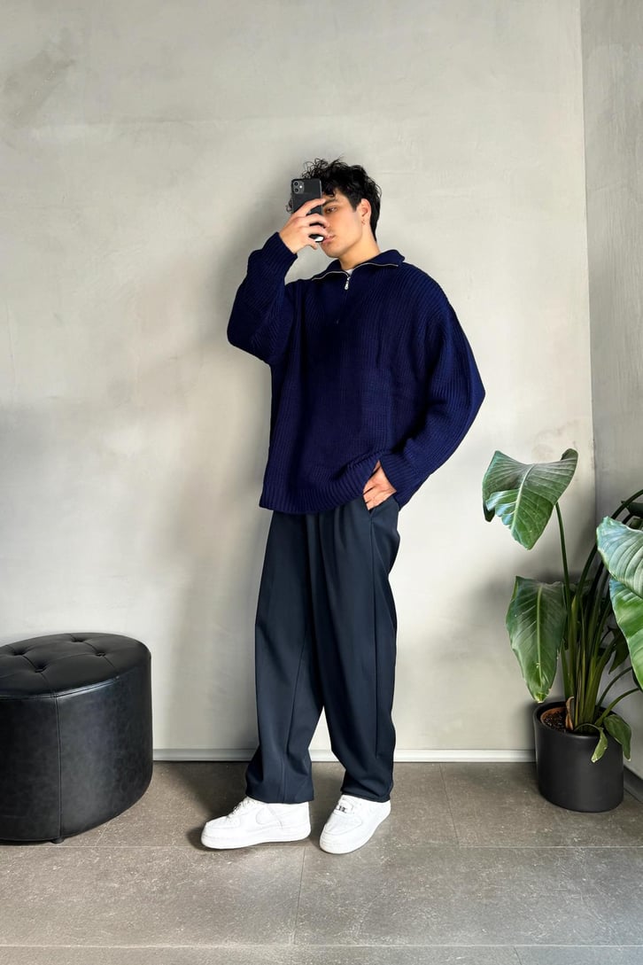 Half Zip Basic Oversize Triko Kazak
