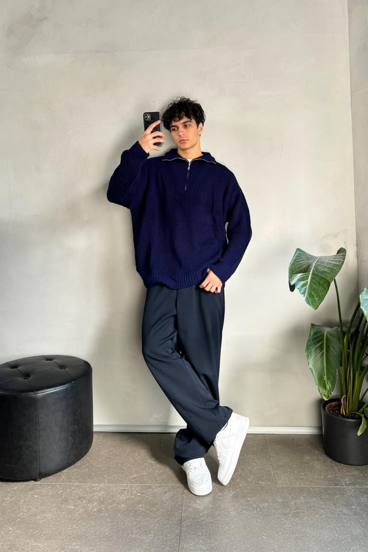 Half Zip Basic Oversize Triko Kazak