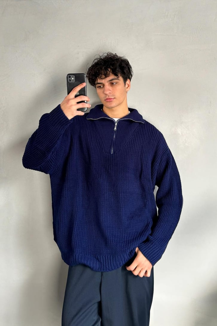 Half Zip Basic Oversize Triko Kazak