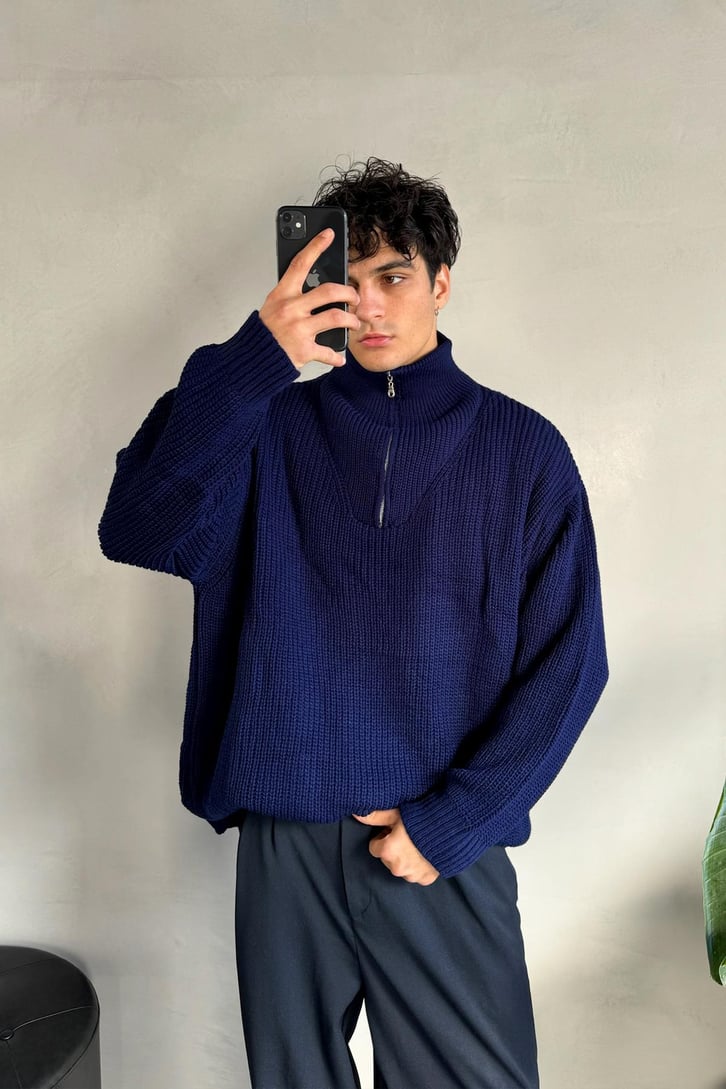 Half Zip Basic Oversize Triko Kazak