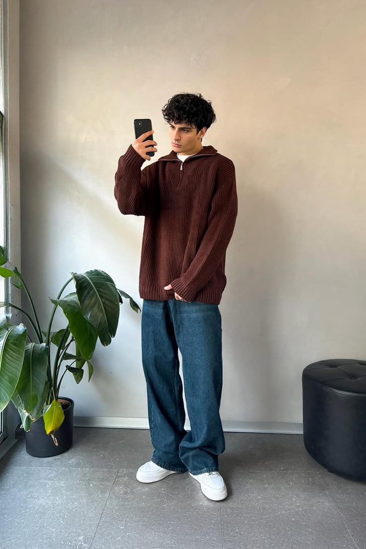 Half Zip Basic Oversize Triko Kazak