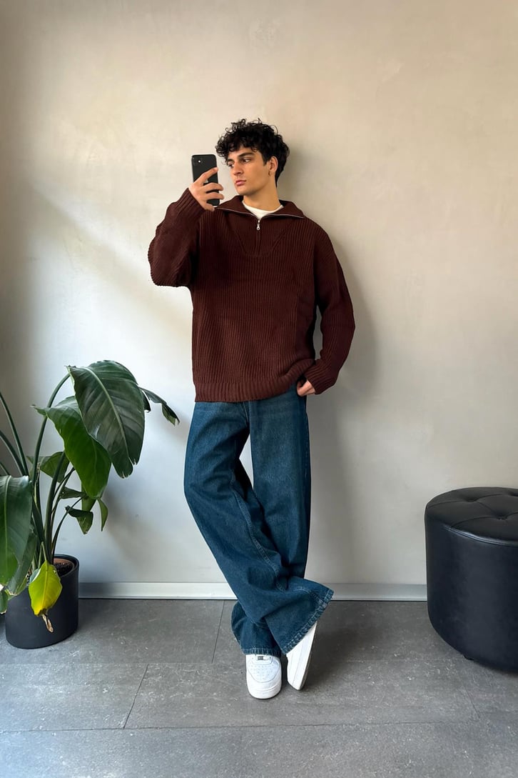 Half Zip Basic Oversize Triko Kazak