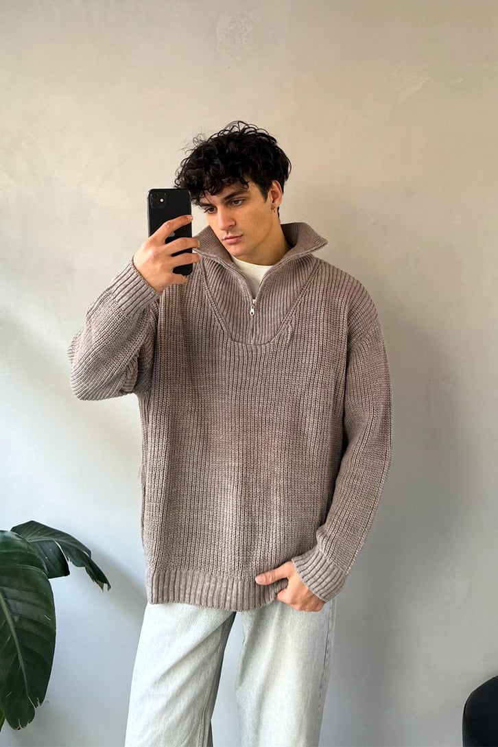 Half Zip Basic Oversize Vizon Triko Kazak