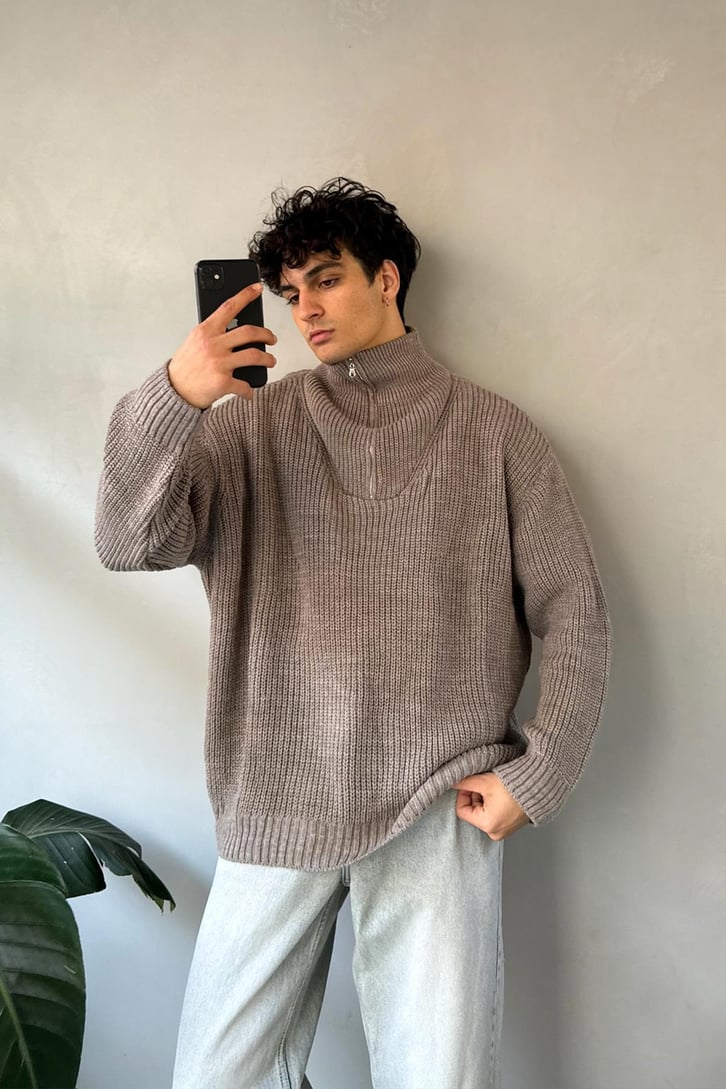 Half Zip Basic Oversize Vizon Triko Kazak