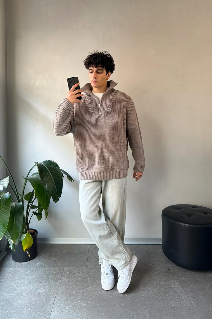 Half Zip Basic Oversize Vizon Triko Kazak