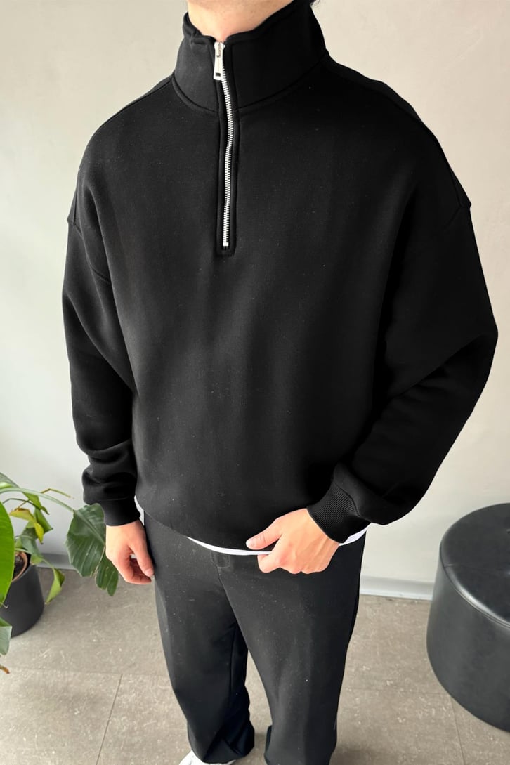 Half Zip Basic Siyah Oversize Sweatshirt