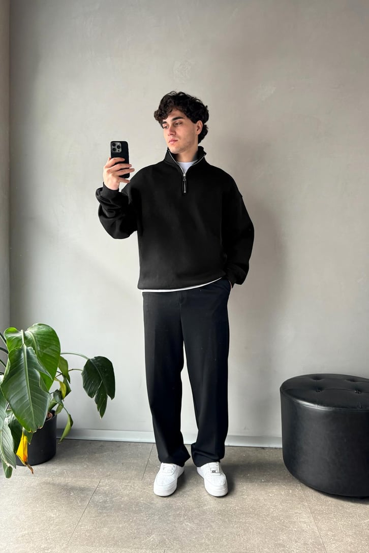 Half Zip Basic Siyah Oversize Sweatshirt