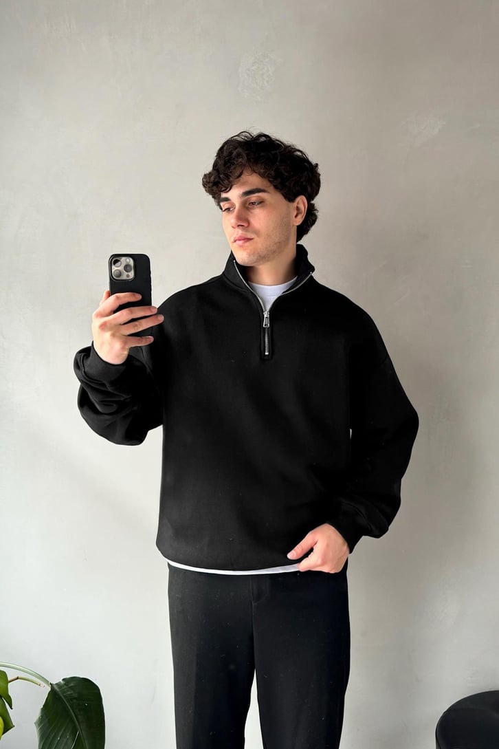 Half Zip Basic Siyah Oversize Sweatshirt