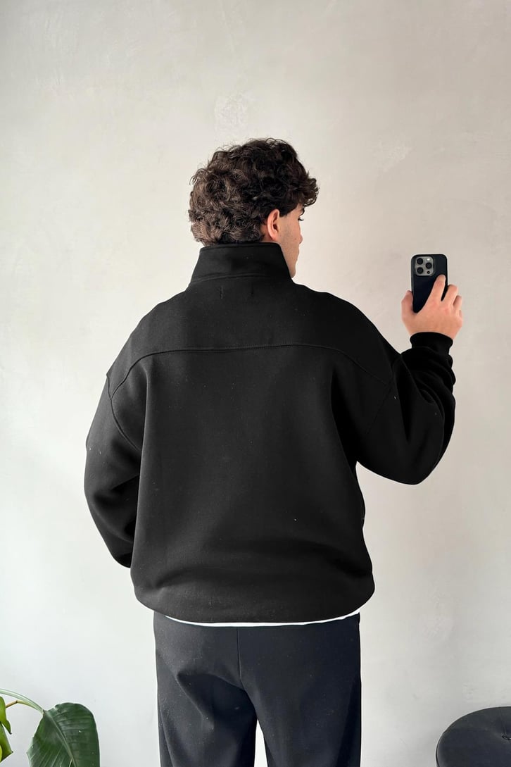 Half Zip Basic Siyah Oversize Sweatshirt