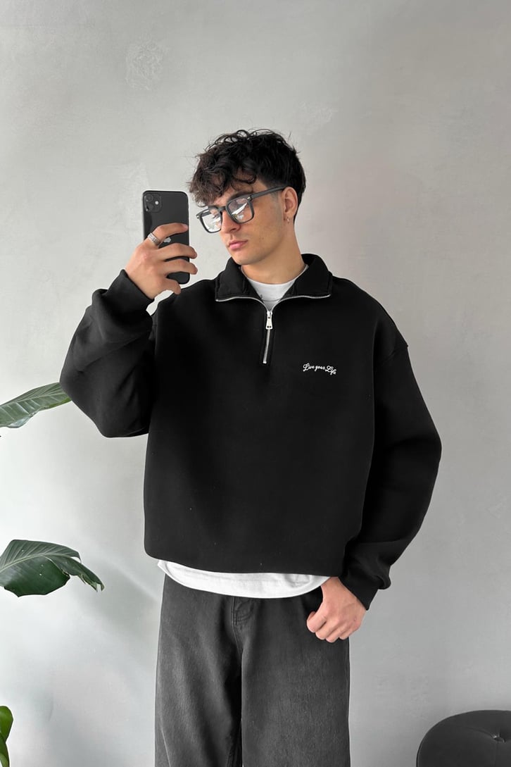 Half Zip Baskılı Oversize Sweatshirt