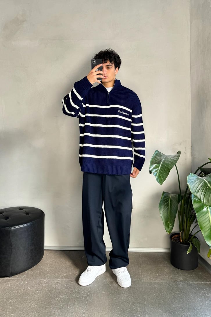 Half Zip Club Aesthetic Nakışlı Kazak