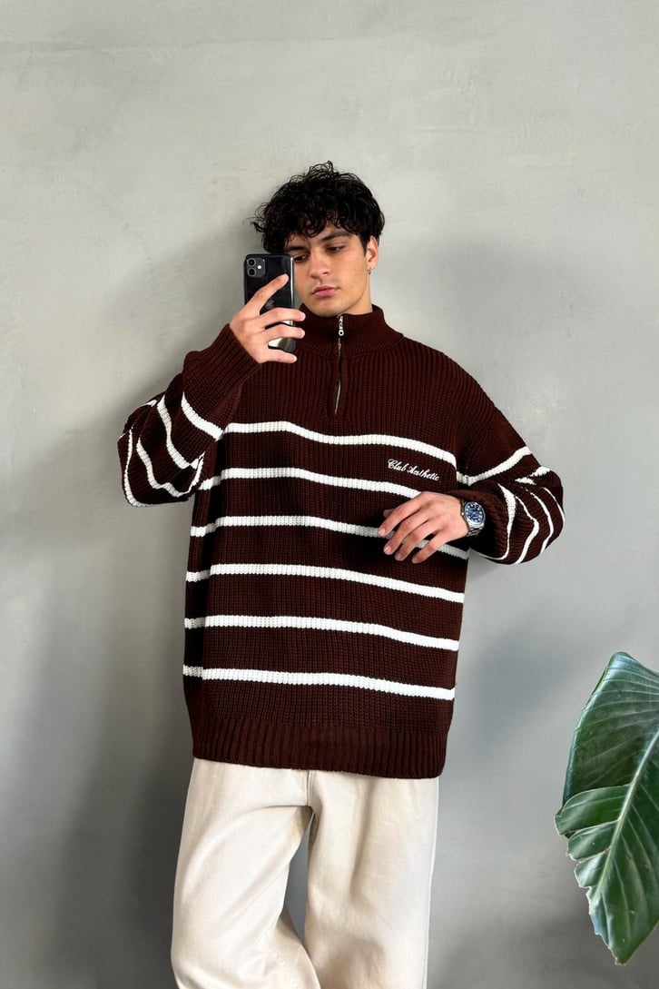 Half Zip Club Aesthetic Nakışlı Kazak