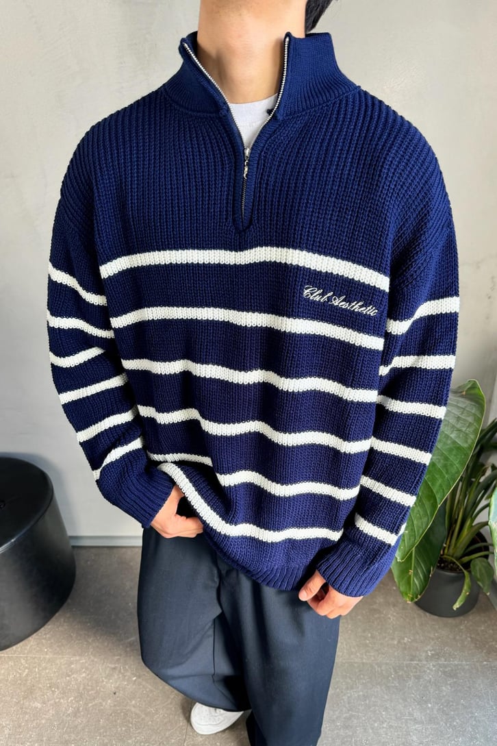 Half Zip Club Aesthetic Nakışlı Kazak