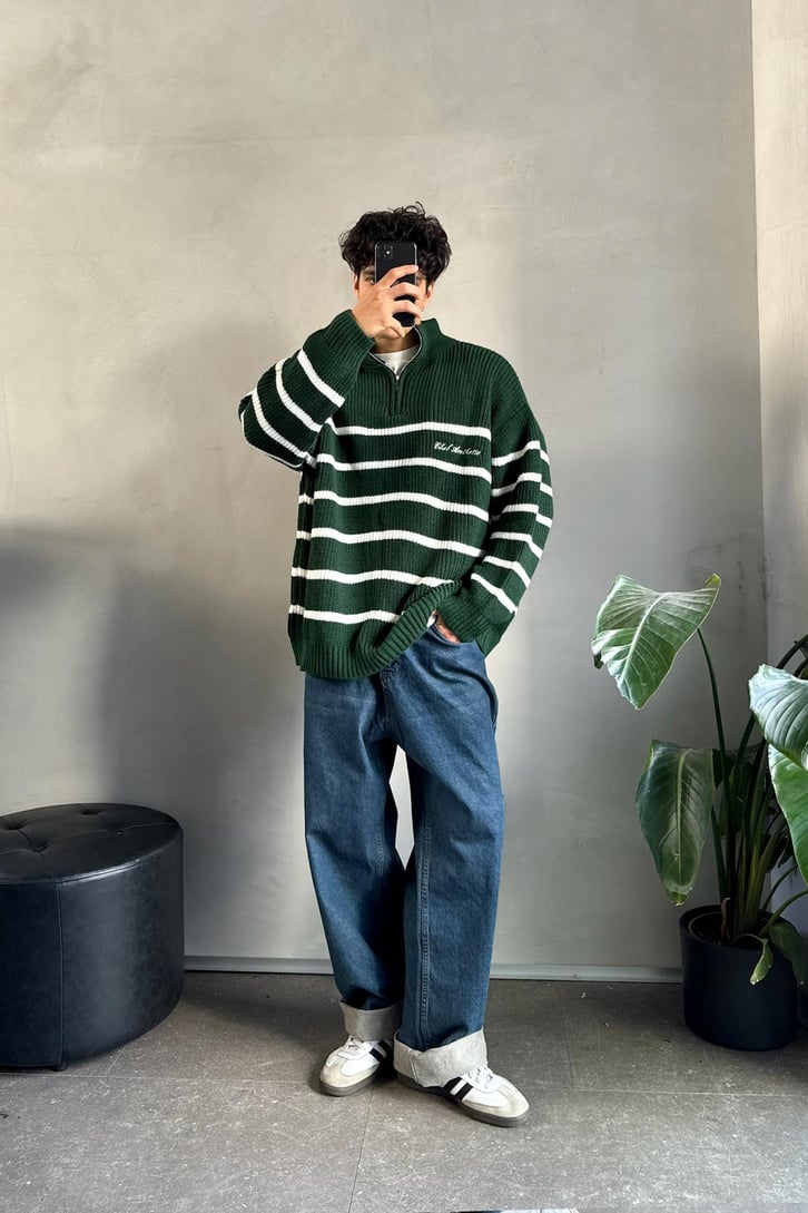 Half Zip Club Aesthetic Nakışlı Kazak