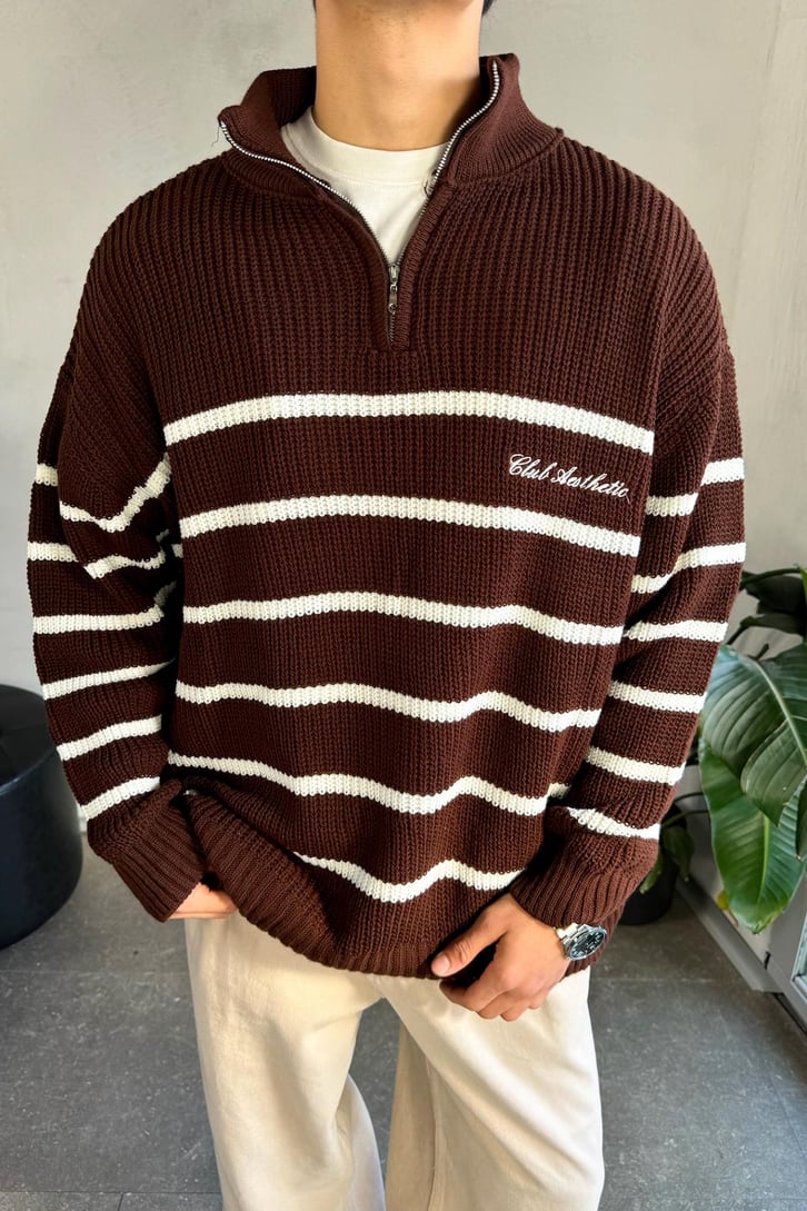 Half Zip Club Aesthetic Nakışlı Kazak