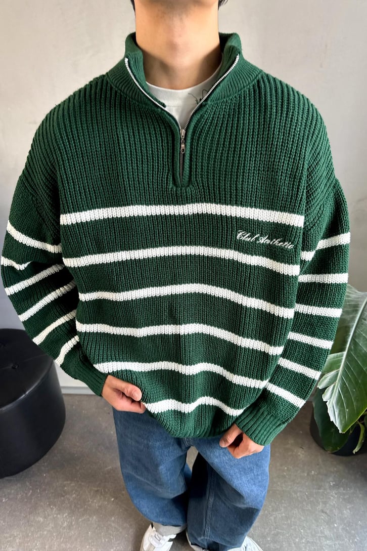 Half Zip Club Aesthetic Nakışlı Kazak