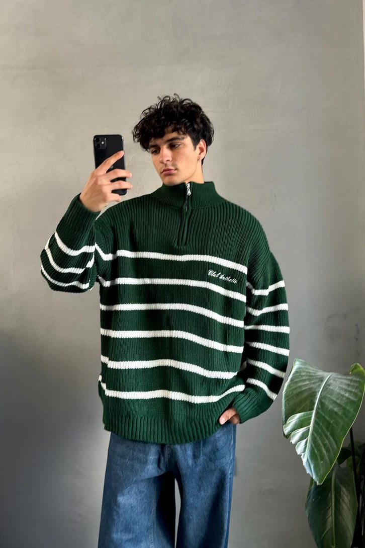 Half Zip Club Aesthetic Nakışlı Kazak
