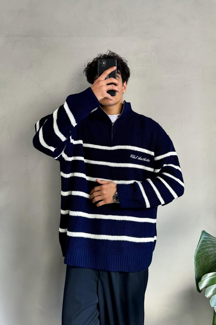 Half Zip Club Aesthetic Nakışlı Kazak